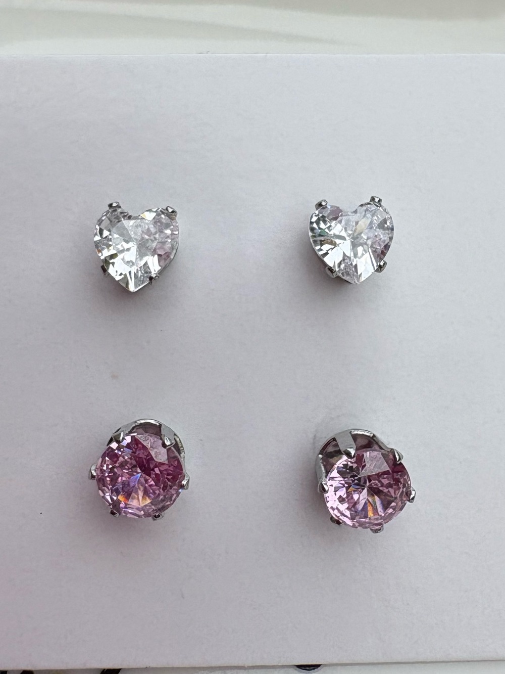 Classic Heart and Round Crystal Stud Earring Set - Silver Tone, Pink and White